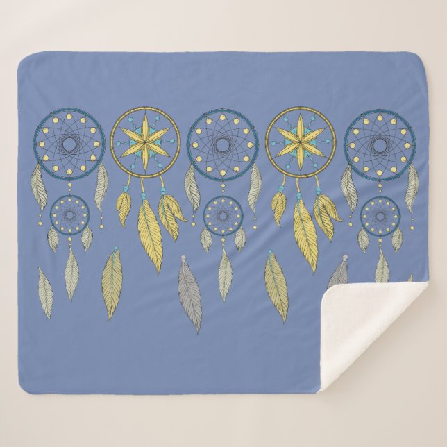Blue and Yellow Dream Catchers Sherpa Blanket (Front (Horizontal))