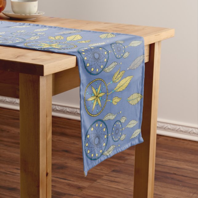 Blue and Yellow Dream Catchers Short Table Runner (In Situ)