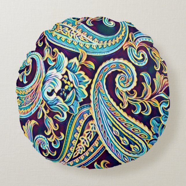 Blue and Yellow Dream Vintage Paisley Round Pillow (Front)