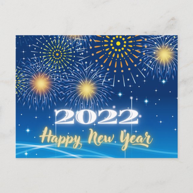 Blue and Yellow Fireworks Happy New Year 2022 Postcard (Front)