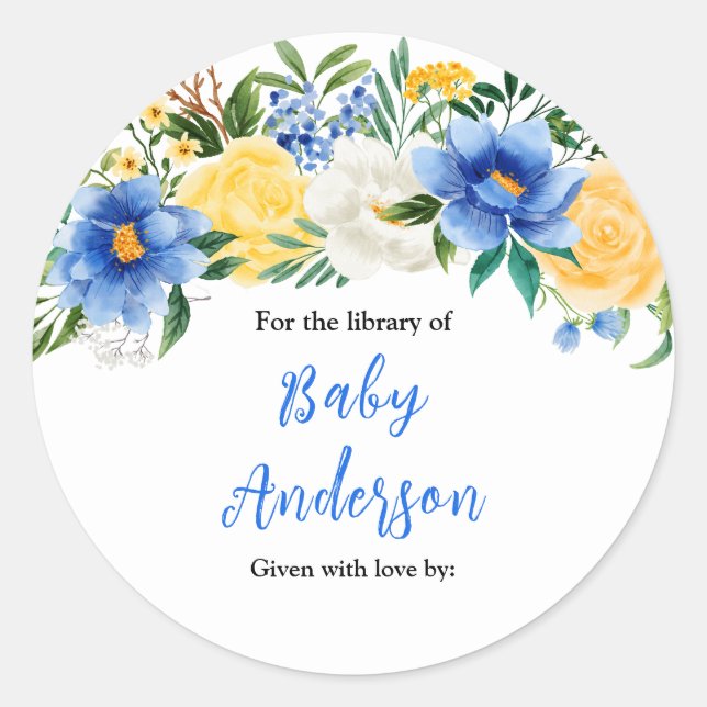 Blue and Yellow Floral Baby Shower Bookplate Classic Round Sticker (Front)