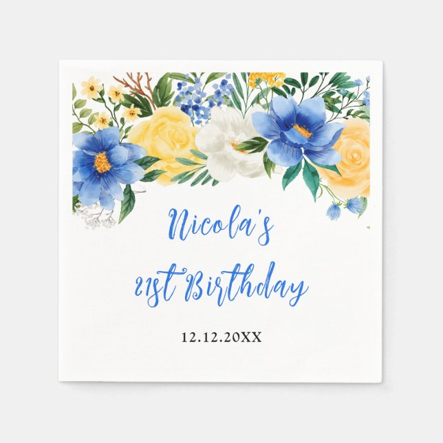 Blue and Yellow Floral Birthday Napkin (Front)