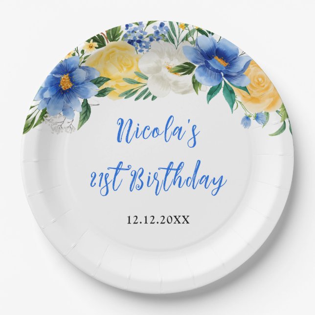 Blue and Yellow Floral Birthday Paper Plate (Front)