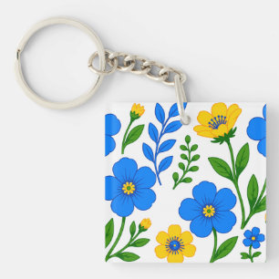 Blue and Yellow Floral Botanical Design Keychain