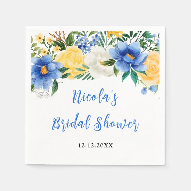 Blue and Yellow Floral Bridal Shower Napkin (Front)