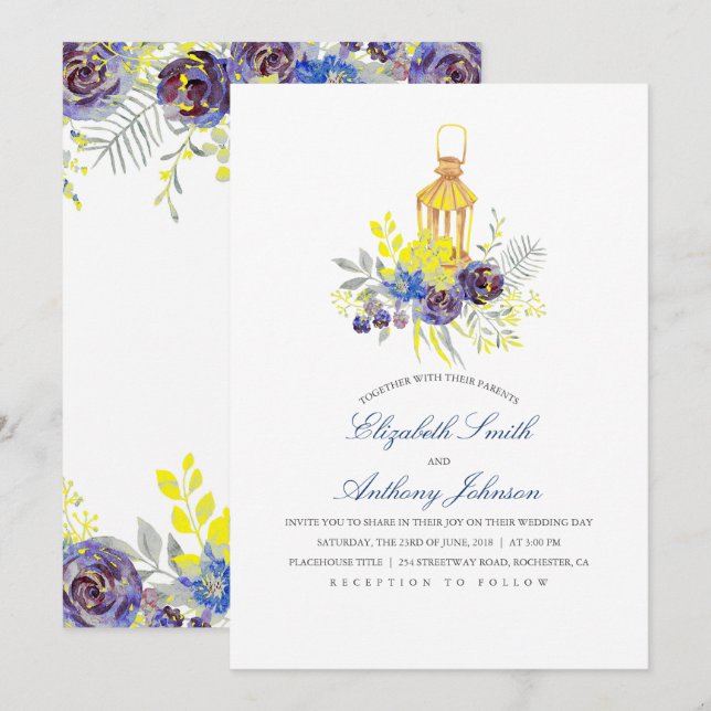 Blue and Yellow Floral Lantern Wedding Invitation (Front/Back)
