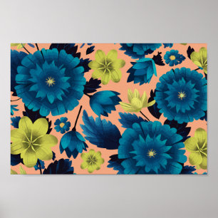 Blue and Yellow Floral on Peach Background Poster