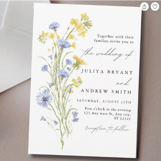 Blue and yellow floral script wedding invitation