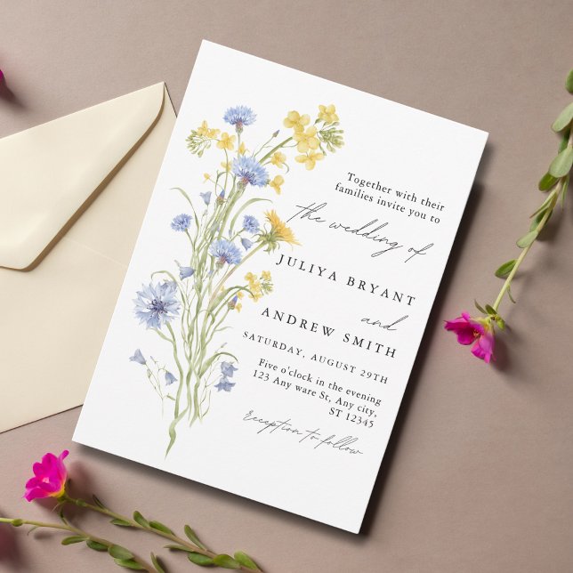 Blue and yellow floral script wedding  invitation (Creator Uploaded)