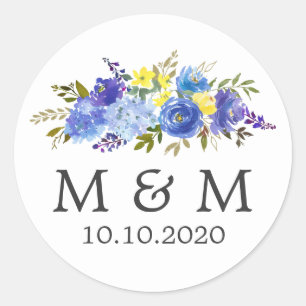 Blue and Yellow Floral Wedding Classic Monogram Classic Round Sticker