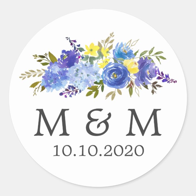 Blue and Yellow | Floral  Wedding Classic Monogram Classic Round Sticker (Front)