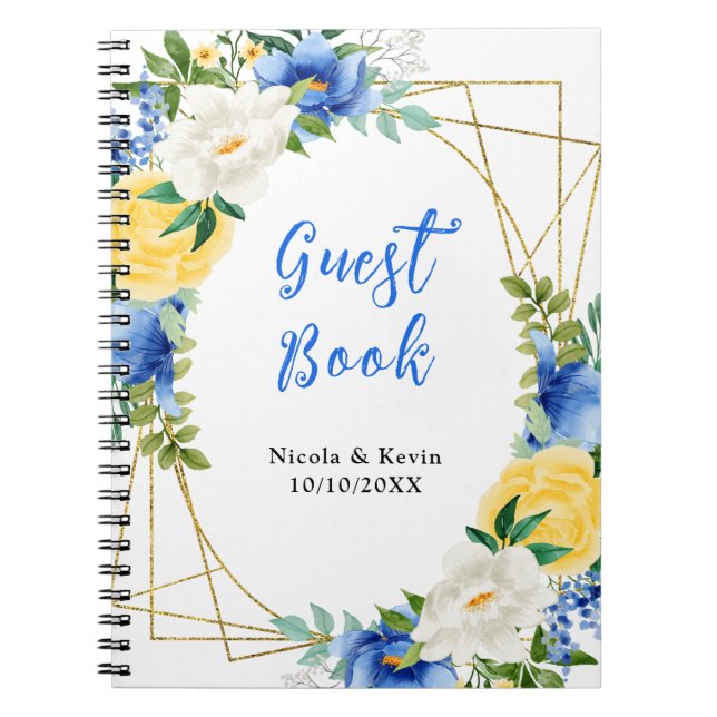 Blue and Yellow Floral Wedding Guest Book (Front)