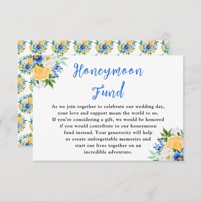 Blue and Yellow Floral Wedding Honeymoon Fund Enclosure Card (Front/Back)