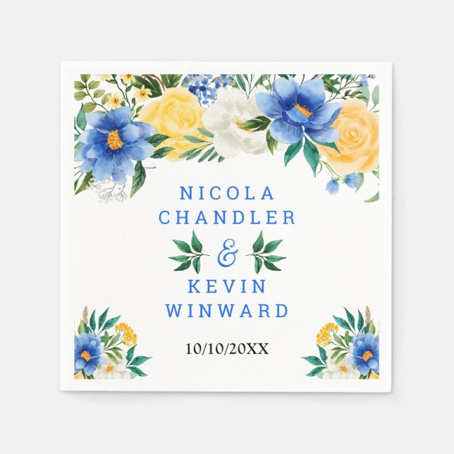 Blue and Yellow Floral Wedding Napkin (Front)