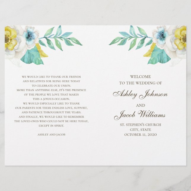 Blue and yellow floral wedding program folded (Front)