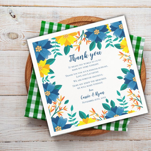 Blue and Yellow Floral Wedding Thank you Message Napkin (Blue and Yellow Floral Wedding Thank you Message Napkins)