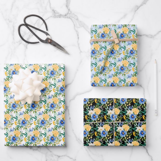 Blue and Yellow Floral  Wrapping Paper Sheet (Front)
