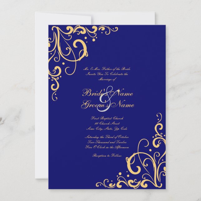 Blue and Yellow Flourish Wedding Invitation (Front)