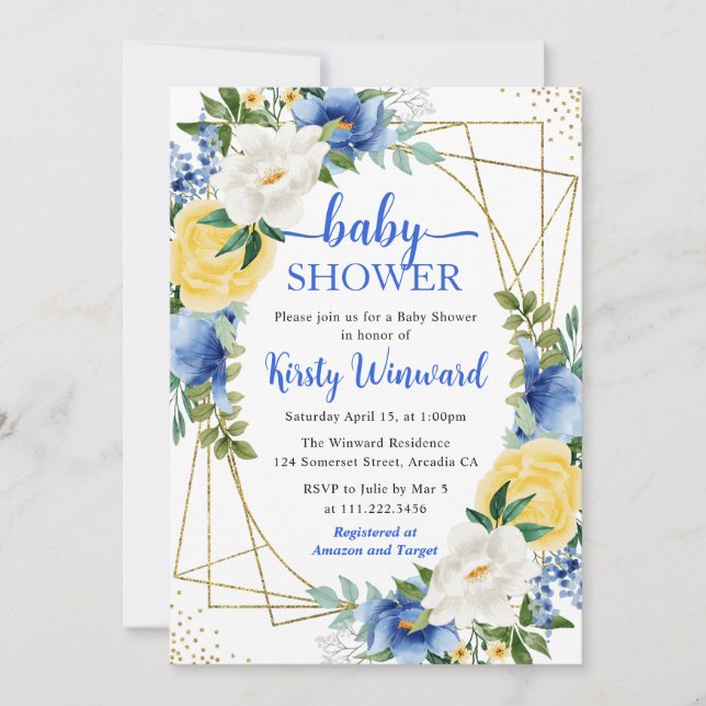 Blue and Yellow Flowers and Gold Frame Baby Shower Invitation (Front)