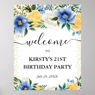 Blue and Yellow Flowers Birthday Party Welcome Poster
