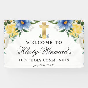 Blue and Yellow Flowers First Holy Communion Banner