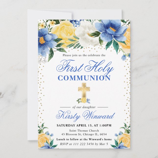 Blue and Yellow Flowers First Holy Communion Invitation (Front)