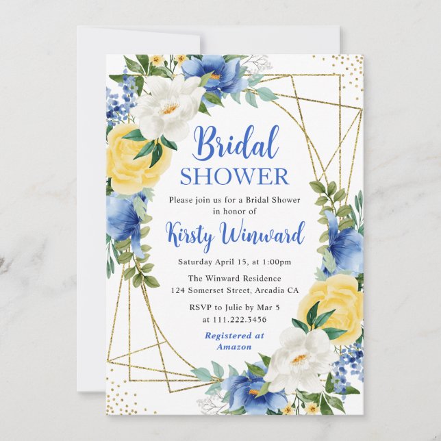 Blue and Yellow Flowers Gold Frame Bridal Shower Invitation (Front)
