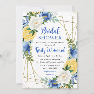 Blue and Yellow Flowers Gold Frame Bridal Shower Invitation