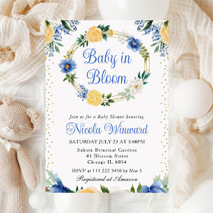Blue and Yellow Flowers Heart Wreath Baby Shower Invitation
