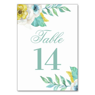 Blue and yellow flowers. Mint floral wedding Table Number