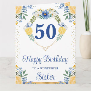 Blue and Yellow Flowers Sister Birthday Card