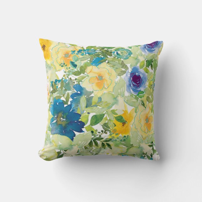 Blue and Yellow Flowers Throw Pillow (Front)