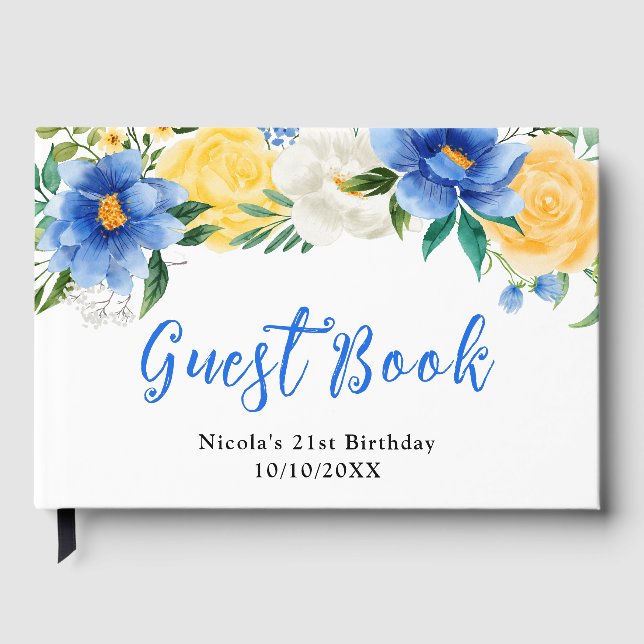 Blue and Yellow Flowers with Foliage Birthday Guest Book (Front)