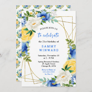 Blue and Yellow Flowers with Foliage Birthday Invitation