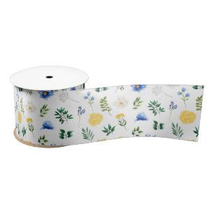 Blue and Yellow Flowers with Foliage Pattern Satin Ribbon