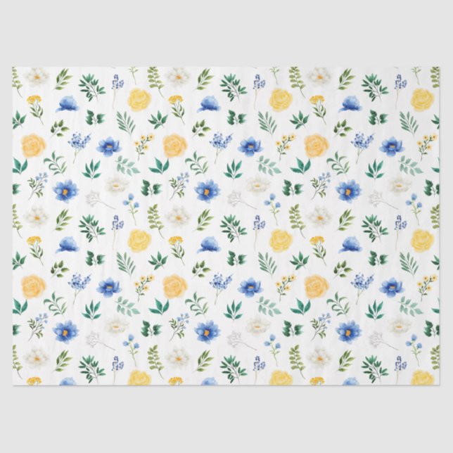 Blue and Yellow Flowers with Foliage Pattern Tissue Paper (Front)