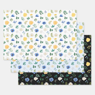 Blue and Yellow Flowers with Foliage Pattern Wrapping Paper Sheet