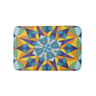 Blue and yellow fractal geometric pattern bath mat