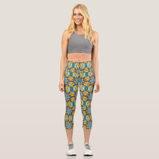 Blue and yellow fractal geometric pattern capri leggings