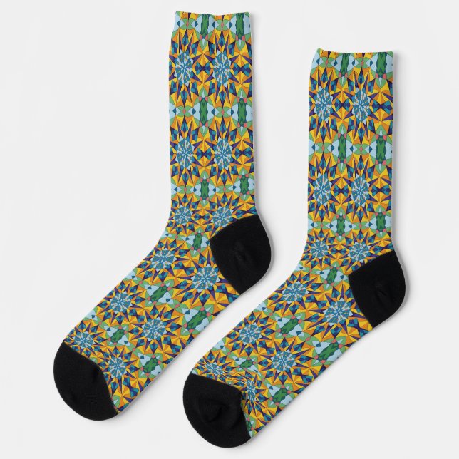 Blue and yellow fractal geometric pattern socks (Left)