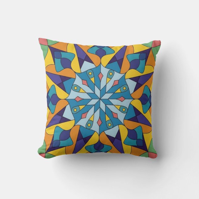 Blue and yellow fractal geometric pattern throw pillow (Front)