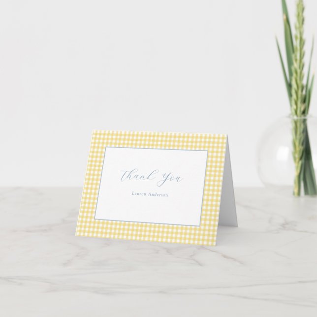 Blue and Yellow Gingham Personalized Thank You Note Card (Front)