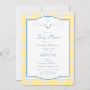 Blue and Yellow Gingham Preppy Coastal Baby Shower Invitation