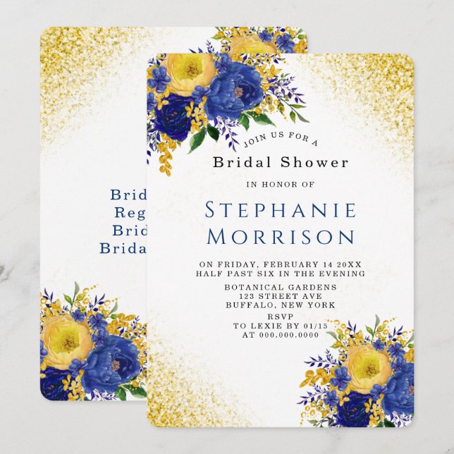 Blue and Yellow Gold Painted Floral Bridal Shower Invitation (Front/Back)