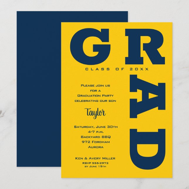 Blue and Yellow Graduation Party Invitation (Front/Back)