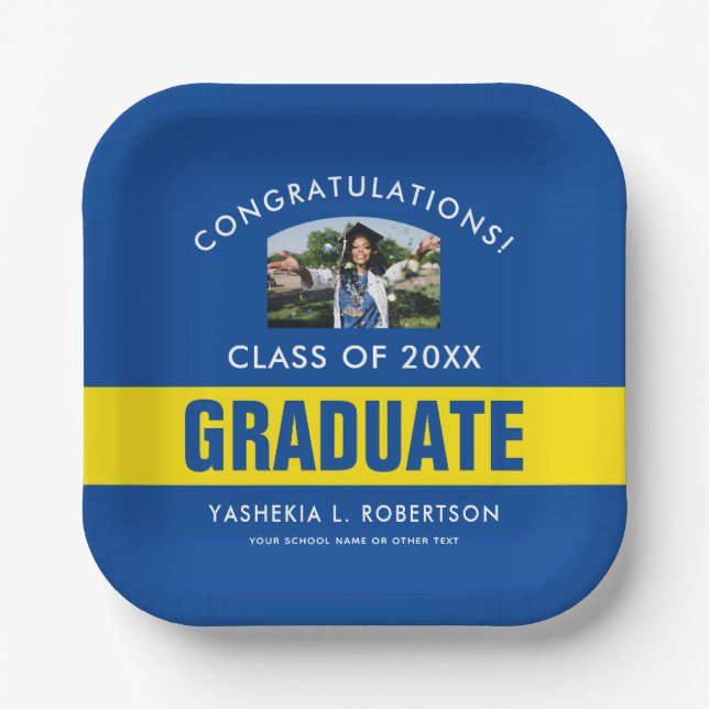 Blue and Yellow Graduation Personalized Photo Paper Plate (Front)