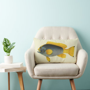 Blue and Yellow Grouper Fish, Vintage Marine Life Lumbar Pillow