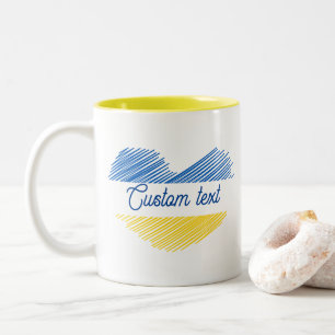 Blue and yellow heart. Custom text. Customizable Two-Tone Coffee Mug