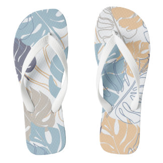 Blue and yellow leaf patterned flip flops