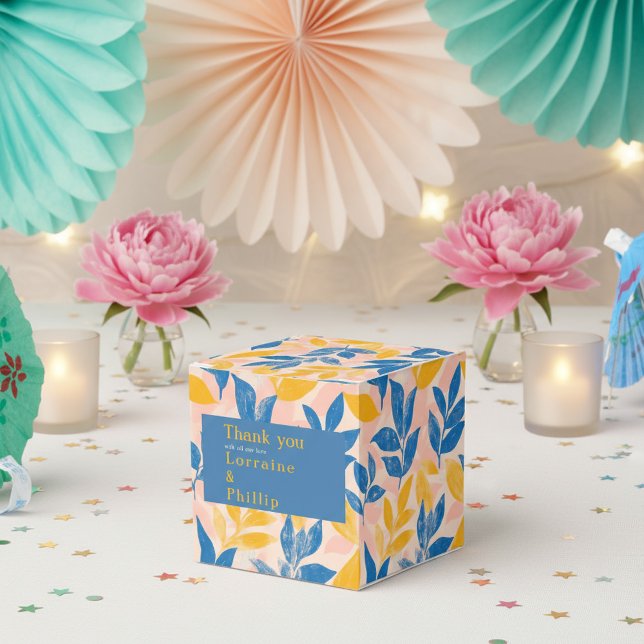 Blue and Yellow Leafy Botanical Wedding thank you Favor Box (Blue and Yellow Leafy Botanical Wedding thank you Favor Boxes.)